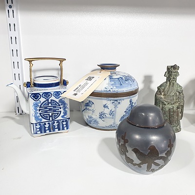 Assorted Vintage Asian Collectibles includingTeapot and Cast Metal Figurine