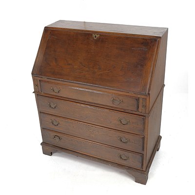 Vintage Oak Bureau Desk - Four Drawers Below and Fitted Interior