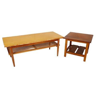 Retro Teak Veneer Coffee Table with Rattan Shelf and a Vintage Side Table