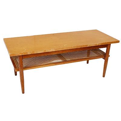 Retro Teak Veneer Coffee Table with Rattan Shelf and a Vintage Side Table