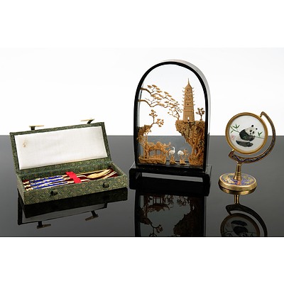 Framed Oriental Hand Carved Cork Diorama, Silk Panda framed Panel on Cloisonne Stand and Three Piece Cloisonne Flatware Set