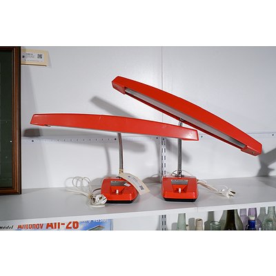 Two Retro Fairsky Red Gooseneck Desk Lamps