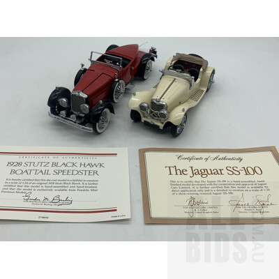 Franklin Mint Diecast 1:24 1938 Jaguar SS 100 and 1928 Stutz Black Hawk Boat Tail Speedster Model Cars (2)