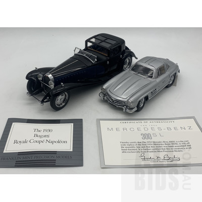Franklin Mint Diecast 1:24 1930 Bugatti Royal Coupe Napoleon and 1954 Mercedes Benz 300 SL Gull Wing Model Cars (2)
