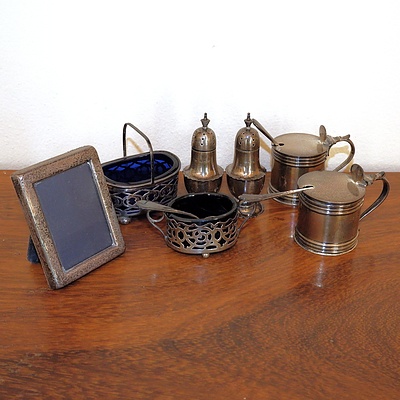 Sterling Silver Cruet Set, Salt and Pepper Pots, Miniature Photo Frame and More, 20th Century