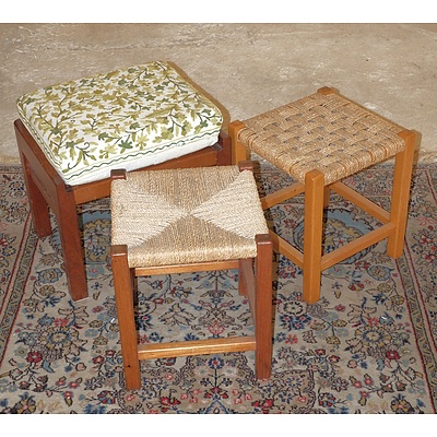Three Vintage Stools, with Long Stitch, Seagrass and Rattan Upholstery