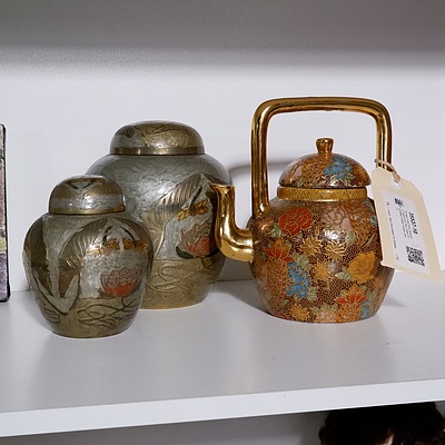 Vintage Gold Tone Cloisonne Teapot and Two Indian Enamelled Copper Ginger Jars (3)