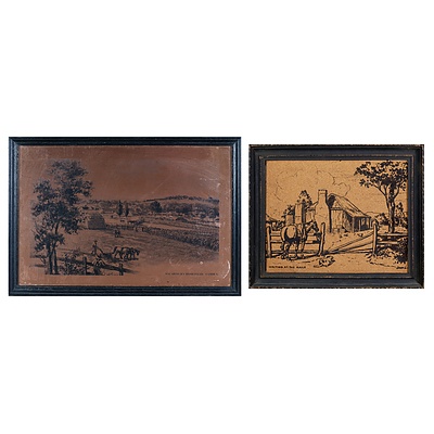 Vintage Artwork on Cork Outback Scene and an Etched Copper print of Macarthurs House Camden (2)