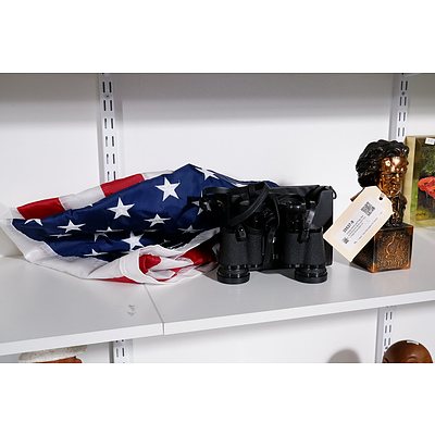 Vintage American Flag, Metal Beethoven Bust and Focus Field Binoculars (3)