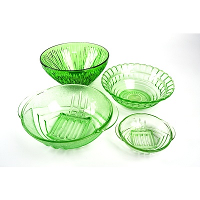 Four Vintage Green Glass Bowls including Depression Glass