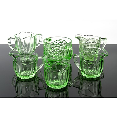 Four Vintage Green Depression Glass Jugs, Sugar Bowl and Small Comport (6)