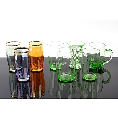 Group of Vintage Coloured Glass Tumblers and a Small Depression Glass Vase