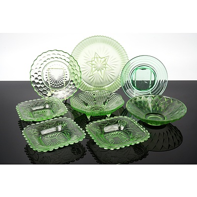 Assorted Vintage Green Depression Glass Bowls and Dishes