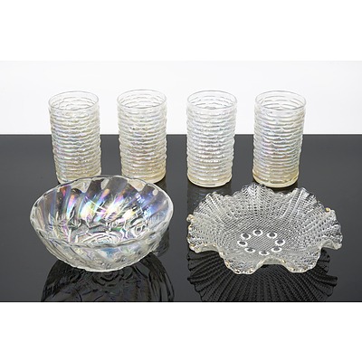 Four Vintage Pearlescent Glass Tumblers and Two Small Dishes