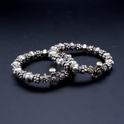 Pair of Indian Silver Bangles with Alternating Charms, 80g