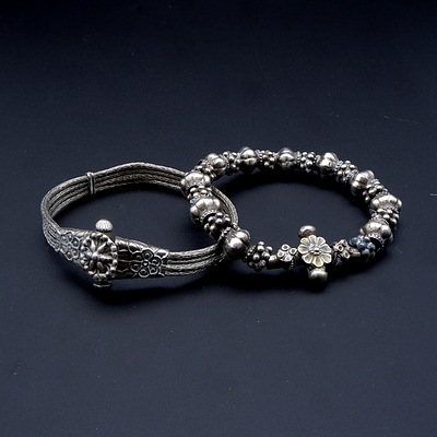 Two Indian Silver Bangles One with Alternating Charms, 57g