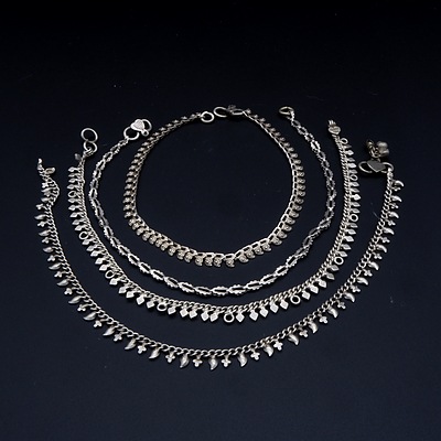 Four Indian Silver Anklet Bracelets, 36g