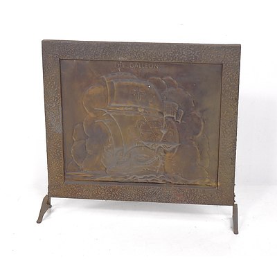 Vintage Pressed Brass Firescreen with Ship Motif