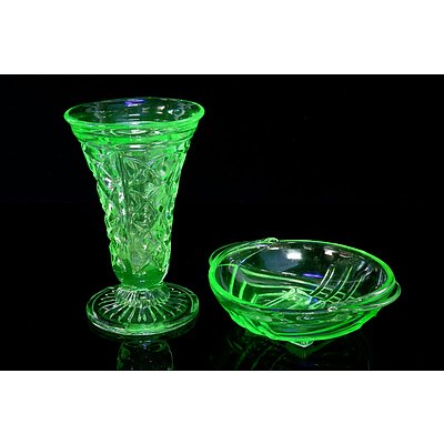 Small Vintage Uranium Glass Dish and Vase (2)