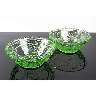 Pair of Vintage Green Depression Glass Bowls - Cherry and Strawberry Pattern (2)