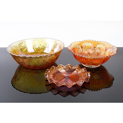 Two Vintage Carnival Glass Bowls and a Fluted Dish (3)