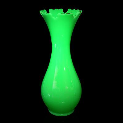 Vintage Lime Green Uranium Glass Vase with Delicate Etched Pattern