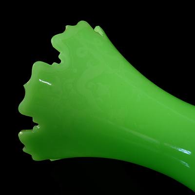 Vintage Lime Green Uranium Glass Vase with Delicate Etched Pattern