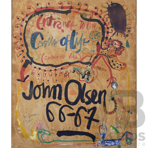 John Olsen (born 1928), Entrance to the Castle of Life (Castelo de Vida) 1966-67, Exhibition Poster on Board with Hand-Painted Drawings, Mixed Media, 54 x 45 cm
