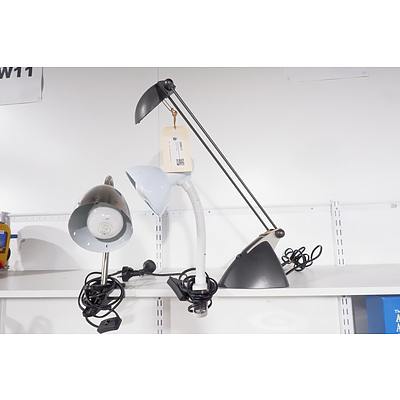 Halogen Desk Lamp and Two Clip Lock Lamps