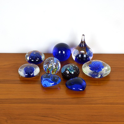 Collection Nine Art Glass Paperweights, One Signed to Base