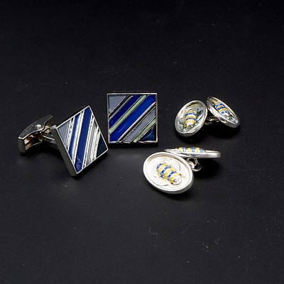Pair Sterling Silver and Enamel Bee Cufflinks and Another Pair of Polished Steel and Enamel Cuff Links