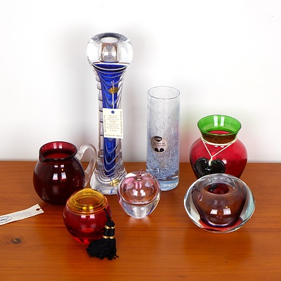 Collection Studio Art Glass Including Polish A. Jablonski Crystal Candle Holder, Swedish Studio Ahus Apple Form Paperweight, Two Christopher Vine Vases and More