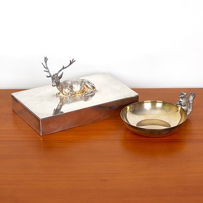 Silver Plated Cigarette Box with Stag Finial and Small Reed and Barton Nut Dish with Squirrel