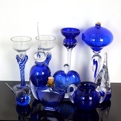 Collection Cobalt Blue Glassware, Including Polish Oil Lantern, Christopher Vine Snuff Bottle, Rikaro Bird and More