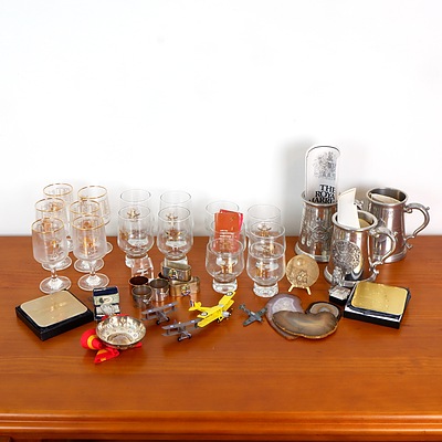 Collection of RAAF and Aeroplane Memorabilia Including Commemorative Pewter Tankards, Qantas Pins, Glassware, Napkin Rings and More