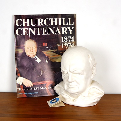 English Sylvac Bust of Winston Churchill with Commemorative Magazine