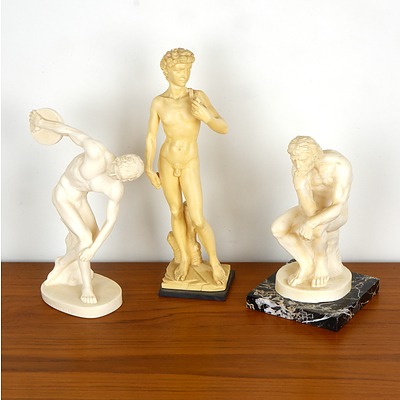 Three Ceramic and Resin Figures Including A Santini - Discobolus of Myron, A Santini - The Thinker and Michelangelo's David