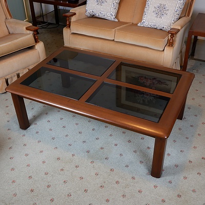 Vintage Stained Hardwood Coffee Table with Four Inset Smoky Glass Panels
