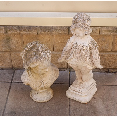 Two Cast Composite Garden Figures of Girl Curtseying and Bust of Girl
