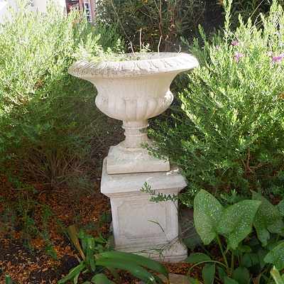 Pair of Cast Composite Garden Urns with Plinths