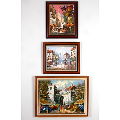Three European School Street Scenes, Oil on Board and Oil on Canvas 