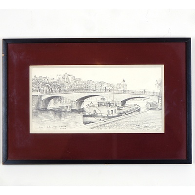 John Leeden (Working 1970-1980s), Pont De L Arch Eve Che Paris, Graphite on Canvas Board