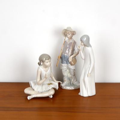 Lladro Figure of Boy Fly Fishing, Nao Figure of Ballerina and Another Ceramic Figure of a Child