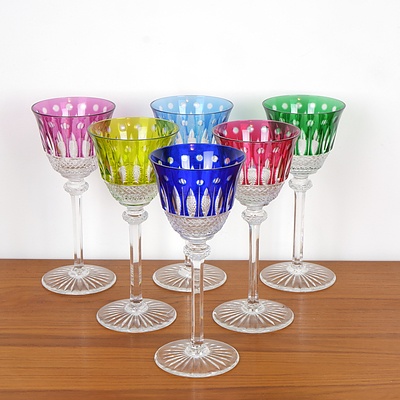 Six Bohemian Harlequin Coloured Flashed and Cut Glass Wine Goblets
