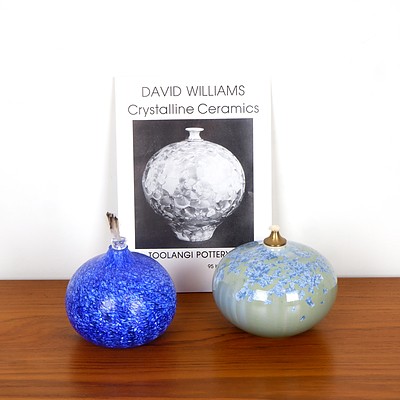 David Williams Crystalline Ceramic Oil Lamp and Another Art Glass Oil Lamp