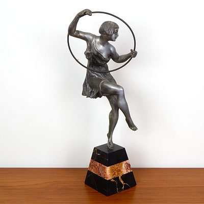 Art Deco Style Patinated Metal Hoop Dancer on Marble Socle