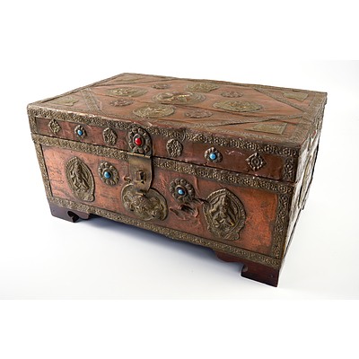 Vintage Himalayan Copper and Brass  Box with Tantric Medallions and Turquoise and Coral Cabochons