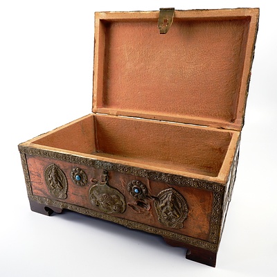 Vintage Himalayan Copper and Brass  Box with Tantric Medallions and Turquoise and Coral Cabochons