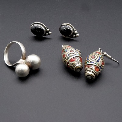 Sterling Silver Ring, Silver and Onyx Earrings and Another Pair of Silver Earrings with Turquoise, Coral, Lapis and Chalcedony
