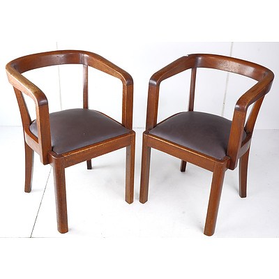 Pair of Vintage Maple Framed Tub Chairs with Leather Upholstered Seats - Marked CoA